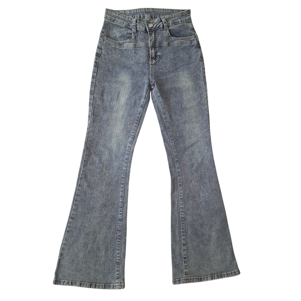 NWOT Y2K High Rise Vintage Wash Flare Jeans, Grey Blue Denim, Vintage Fade